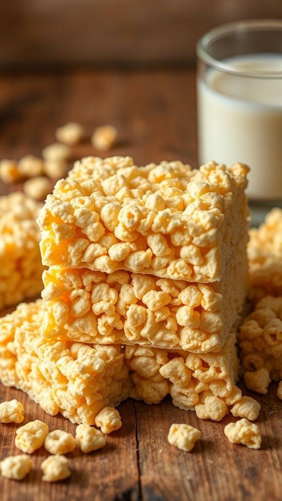 A square of chewy Rice Crispy Treats on a wooden table with scattered cereal and a glass of milk.
